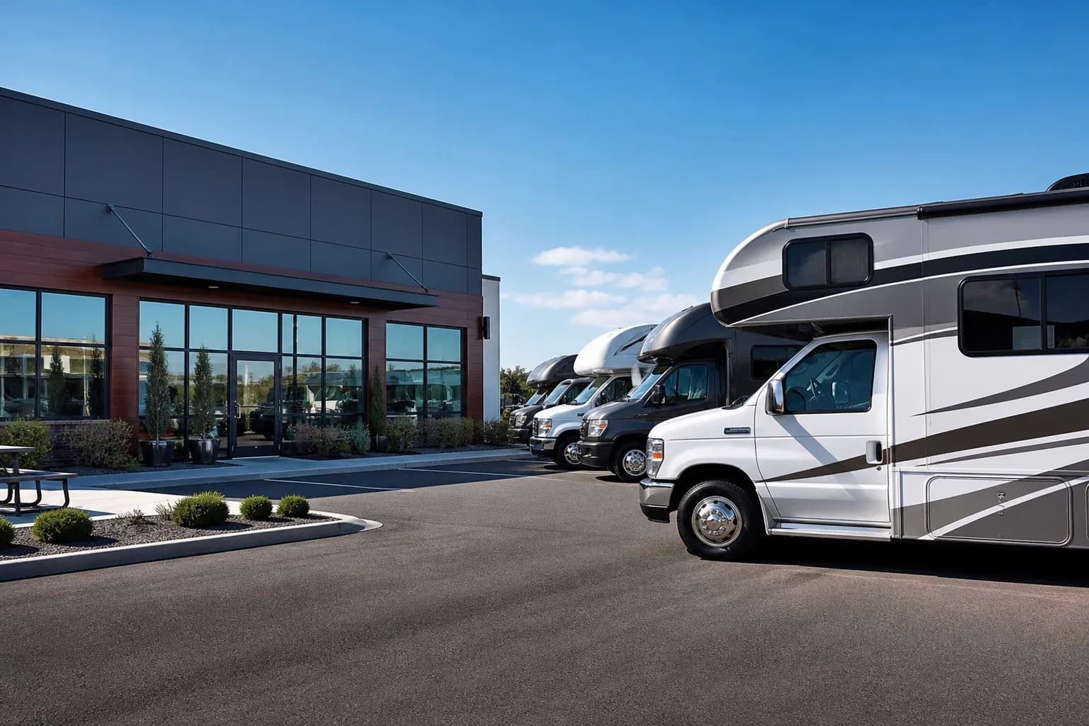 RV rental operator checking a unit's roof seals and tires on a storage lot
