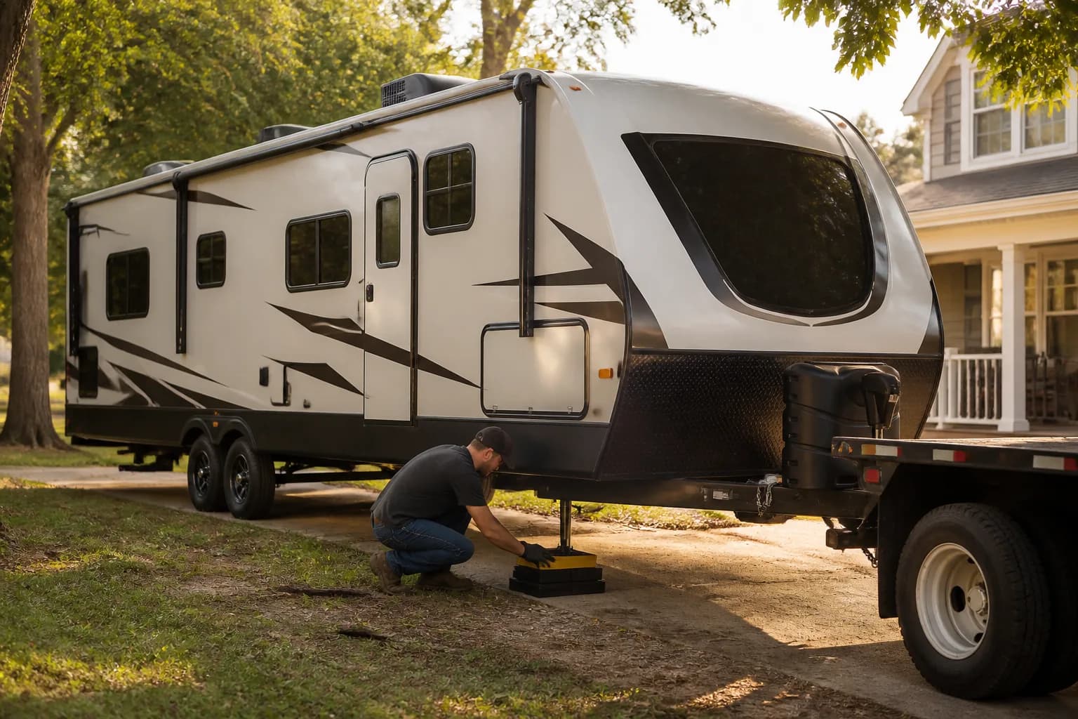 RV delivery and on-lot setup